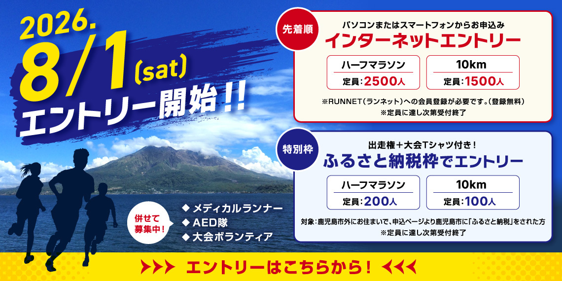 第46回ランニング桜島大会 インターネット申込期間 8月1日〜9月15日